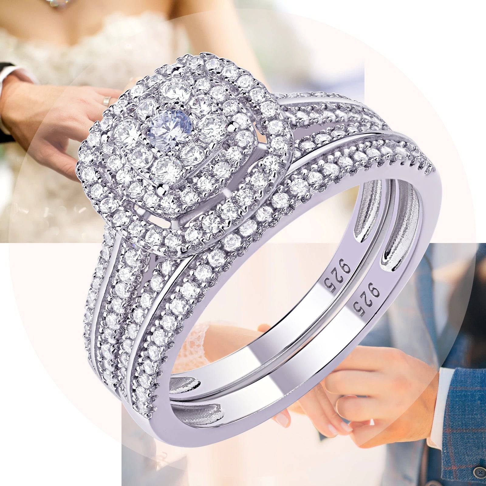 1.6 Ct Round Cut Conflict Free Simulated Diamond Sterling Silver Ring Set - TGC Boutique - Engagement Ring Set
