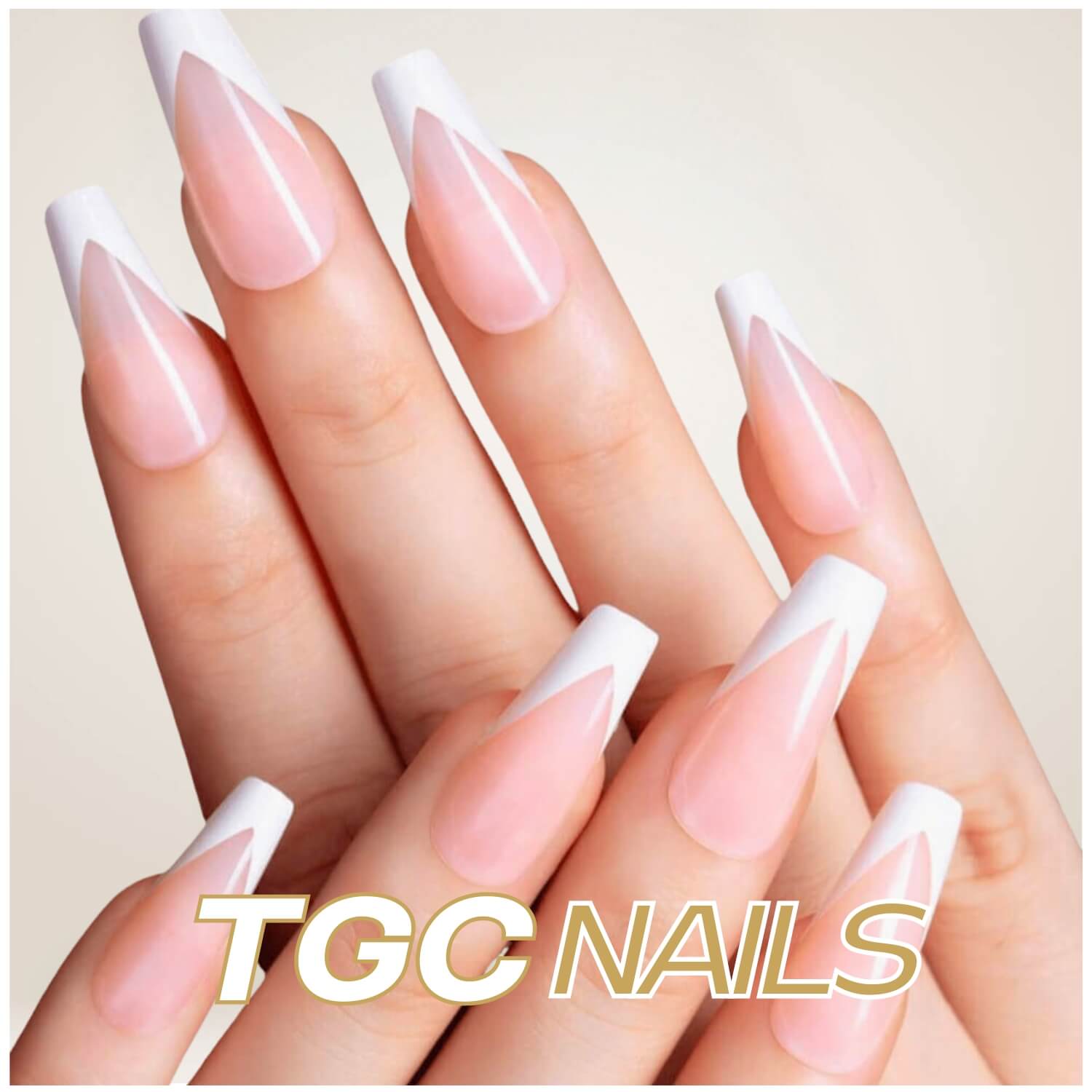 Close-up of a hand with long, manicured nails featuring a pink base and white geometric tips. The text "TGC NAILS" is prominently displayed at the bottom of the image.