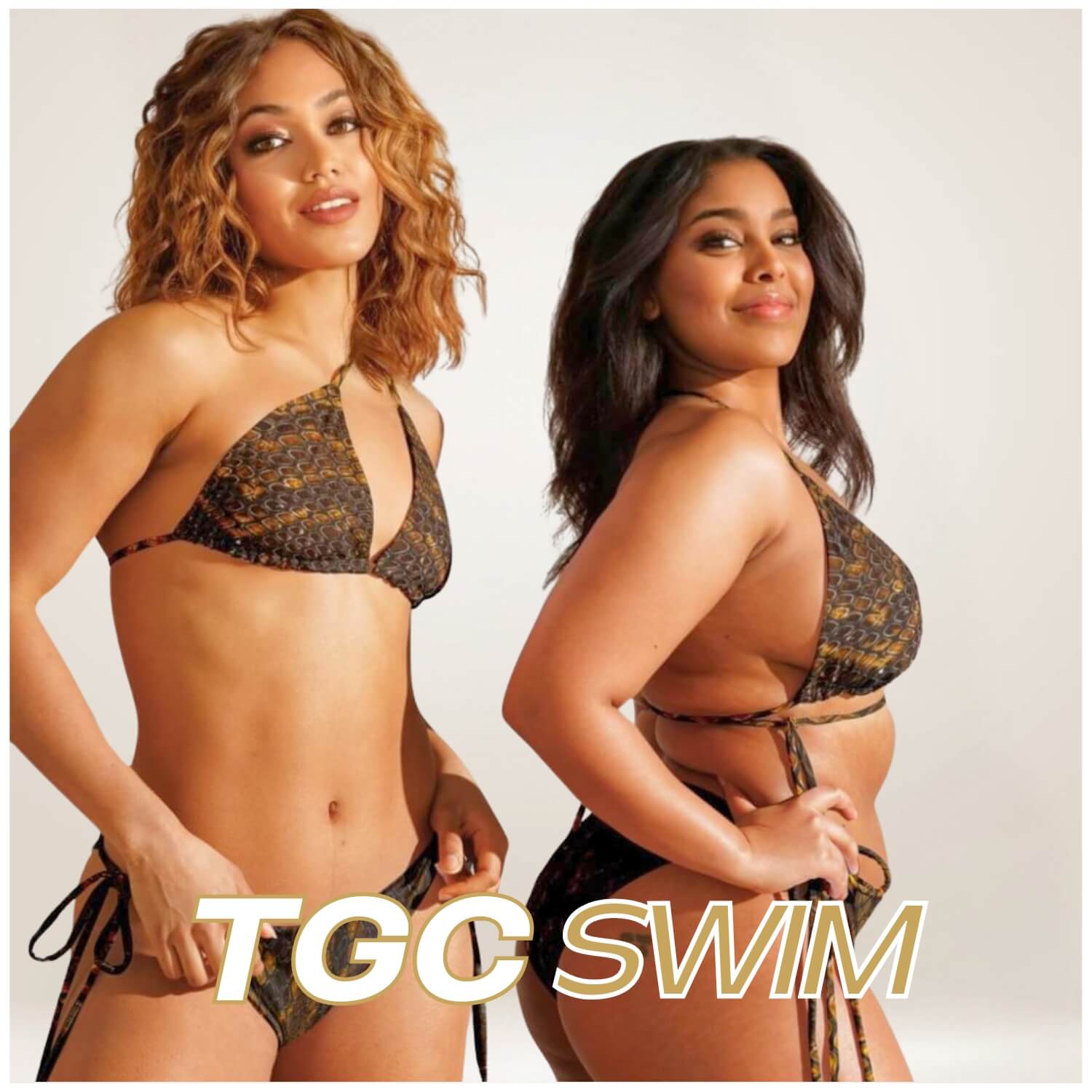 Two women in matching printed bikinis pose confidently. The woman on the left has curly light brown hair, and the woman on the right has long dark hair. Text reads "TGC SWIM."