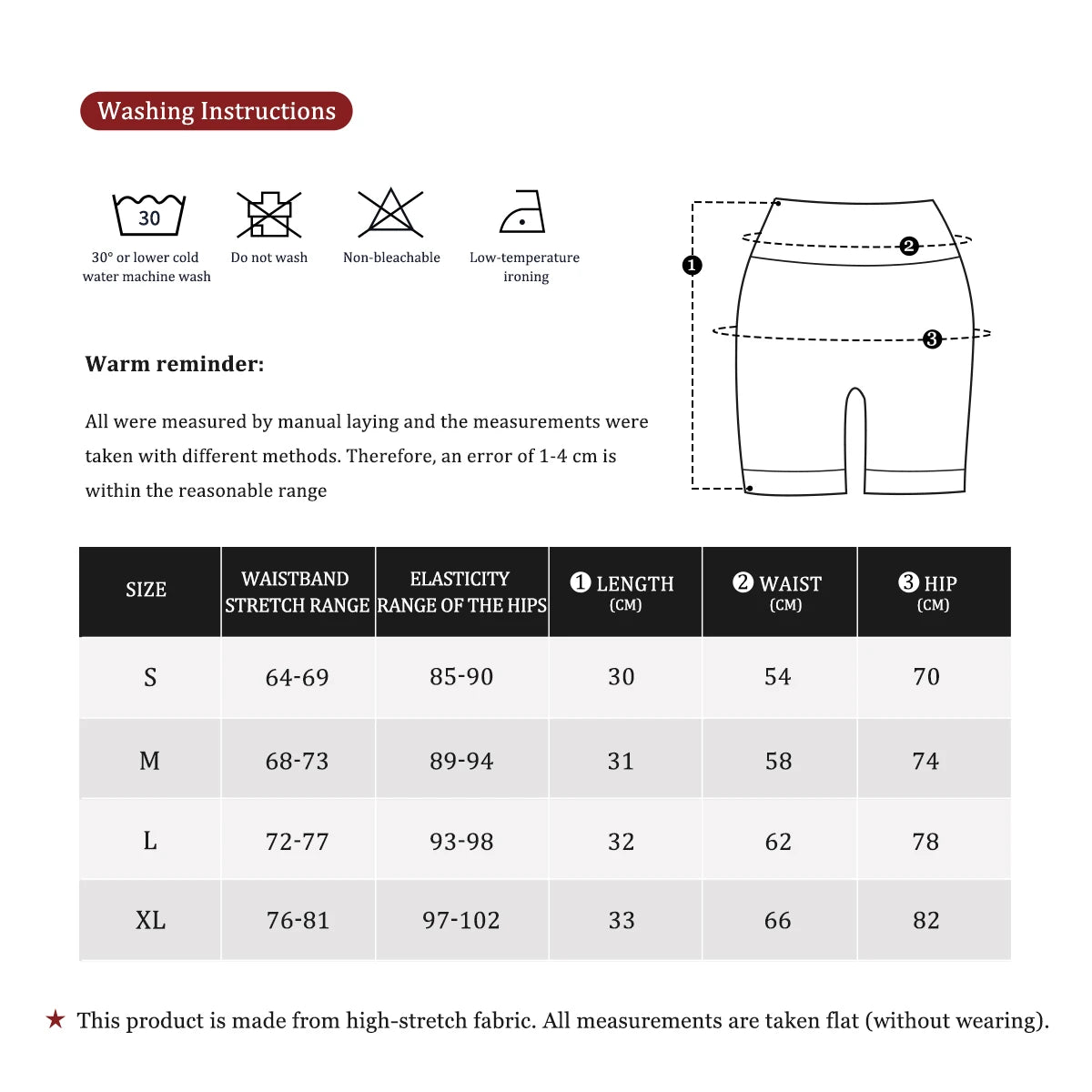 Workout shorts size chart with waistband stretch, length, waist and hip in centimetres