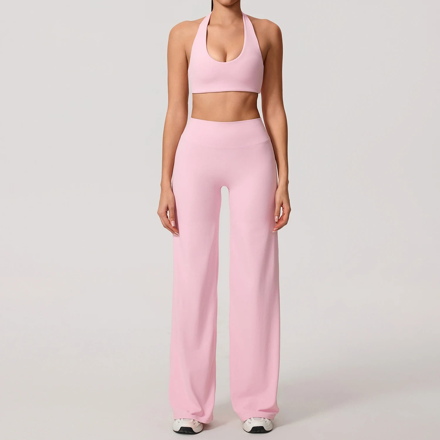 Peach pink workout set colour swatch, full length front view