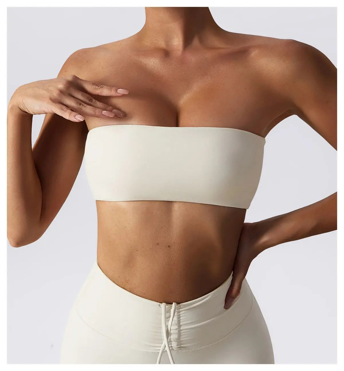 Ivory strapless comfort bra, front view showing the deep band