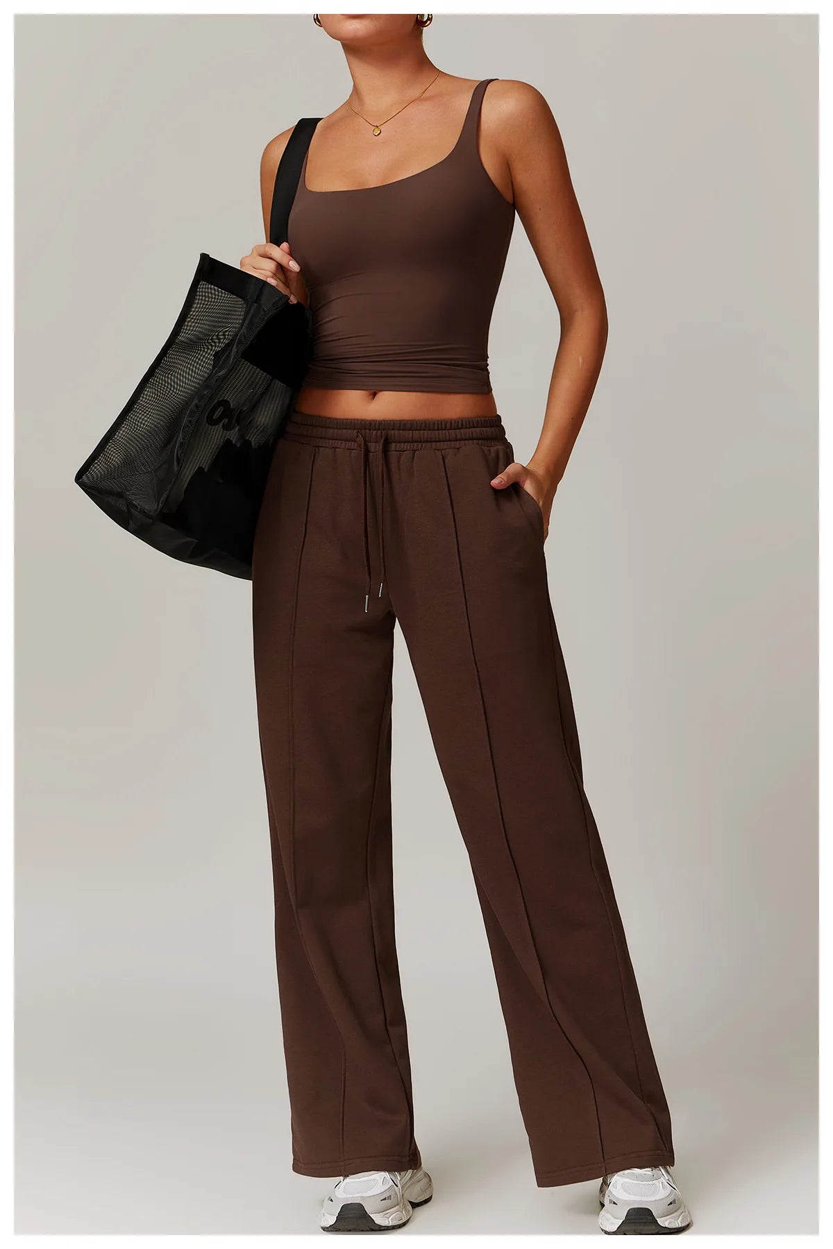 Brown square neck tank top full length with wide leg trousers