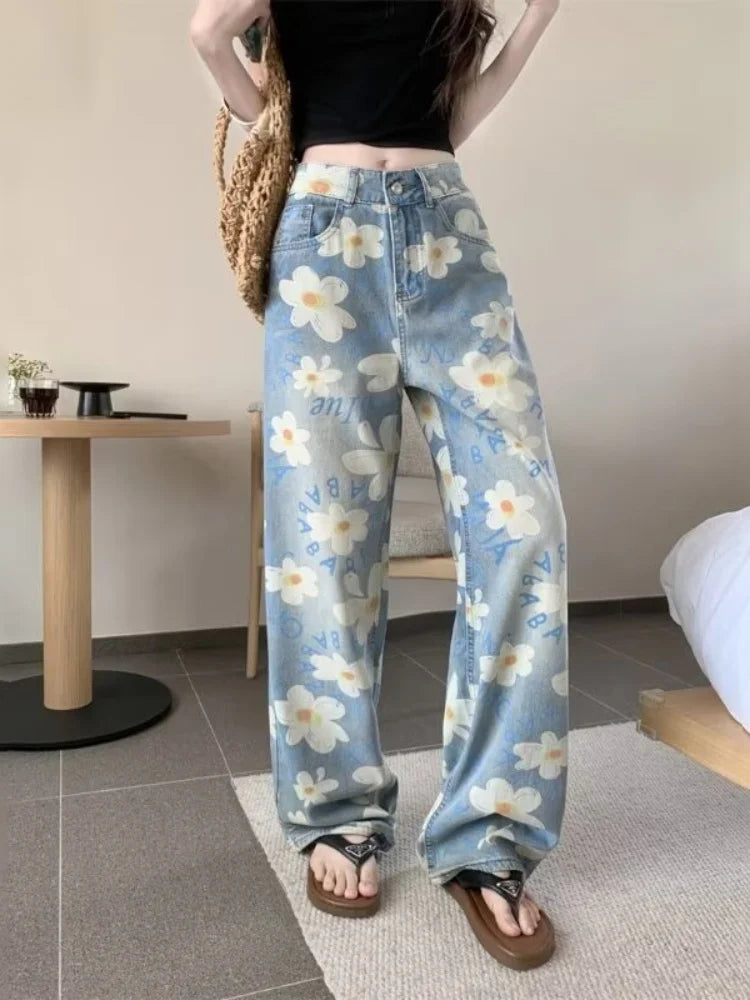 Y2k floral jeans full length, front, indoor