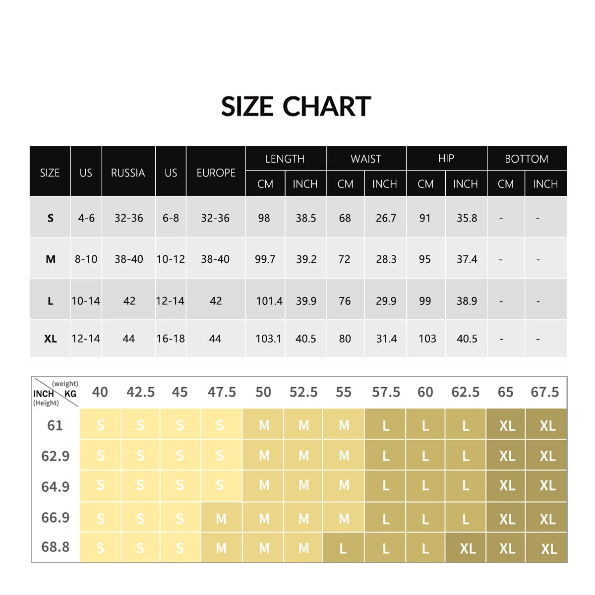 Yoga pants size chart with waist, hip and length in centimetres and inches
