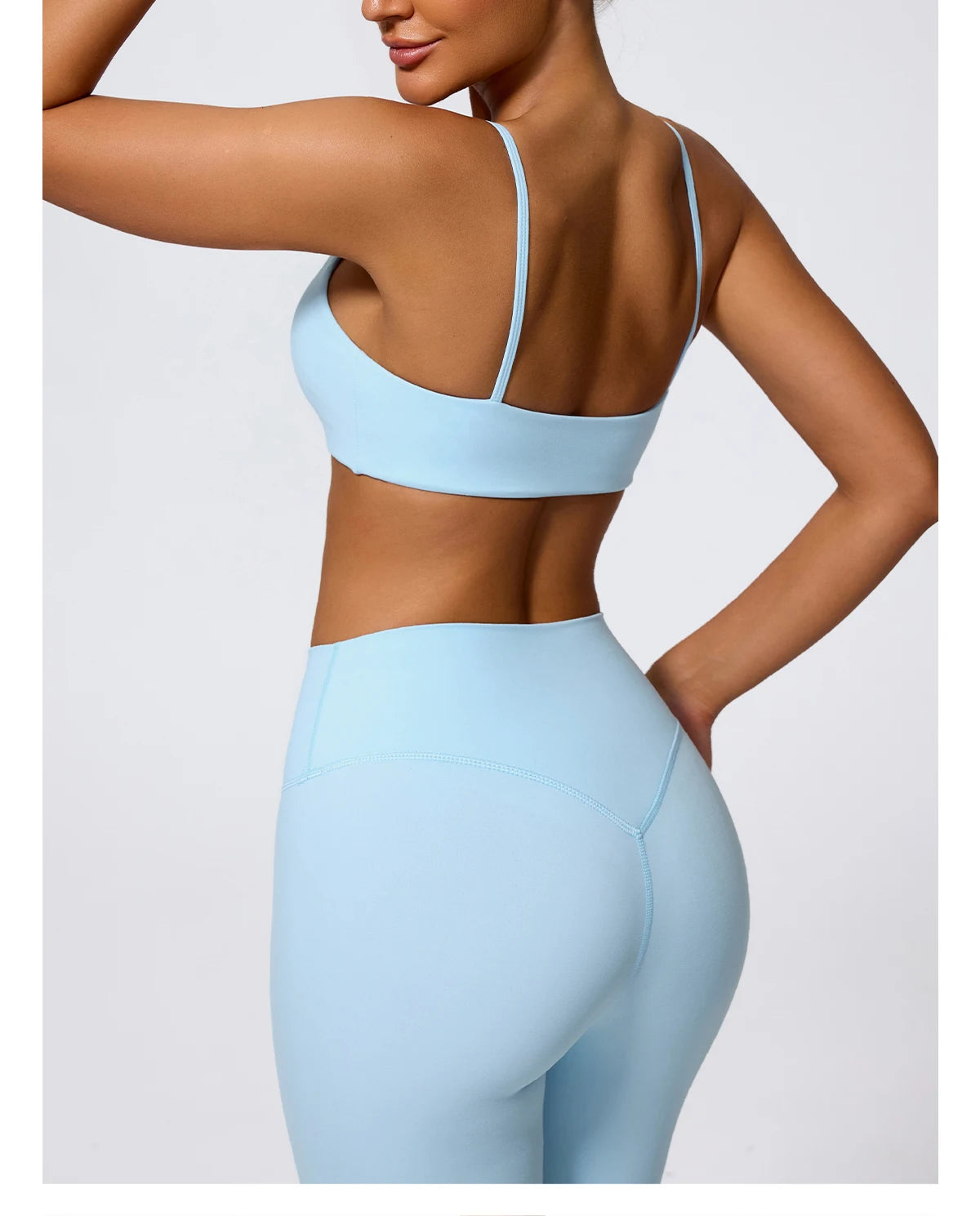 Sky blue biker shorts and bra set, three quarter view