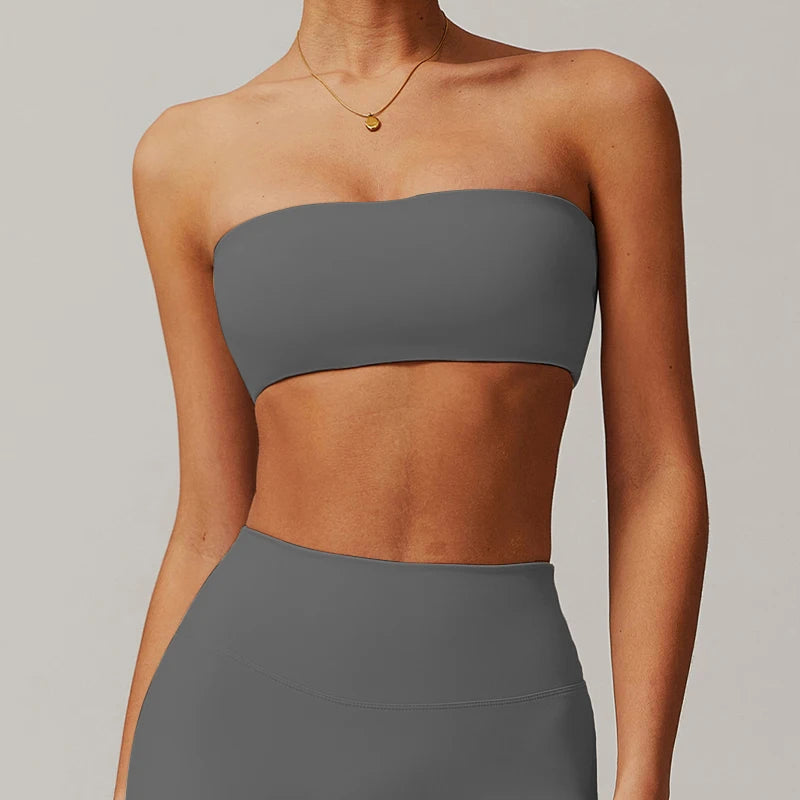 Grey bandeau bra front view with matching leggings