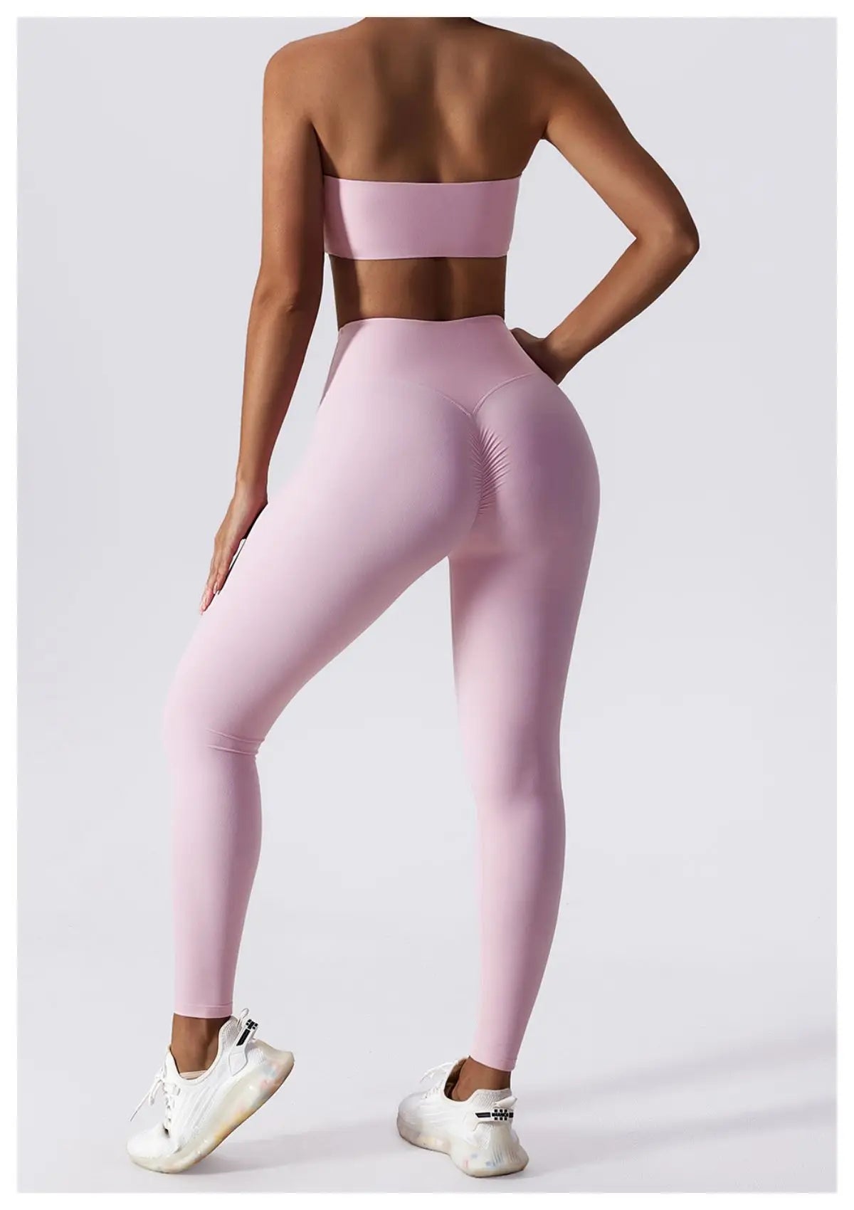 Pink bandeau sports bra, full length back view
