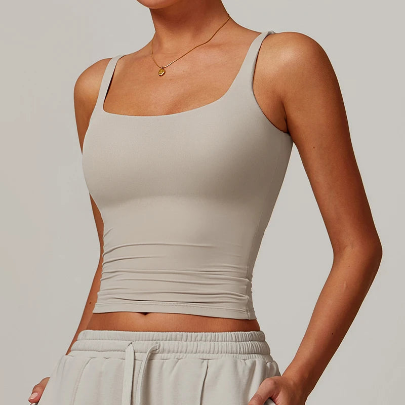 Khaki ribbed tank top, front view showing the square neck and fitted waist