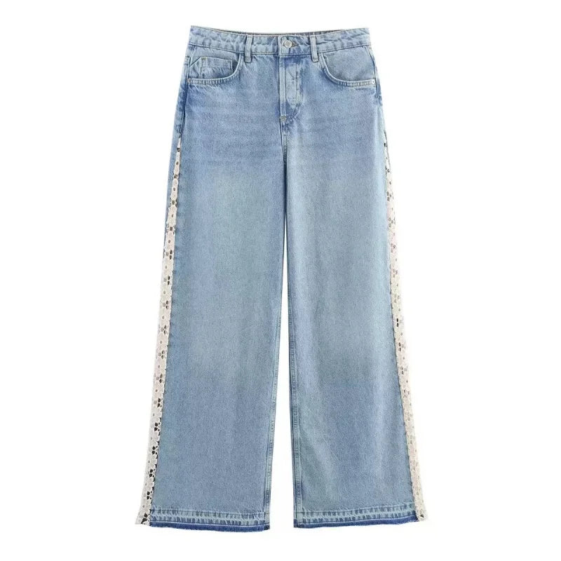 Light wash lace trim jeans flat lay, front