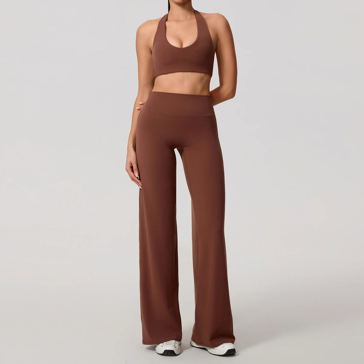 Coffee brown workout set colour swatch, full length front view