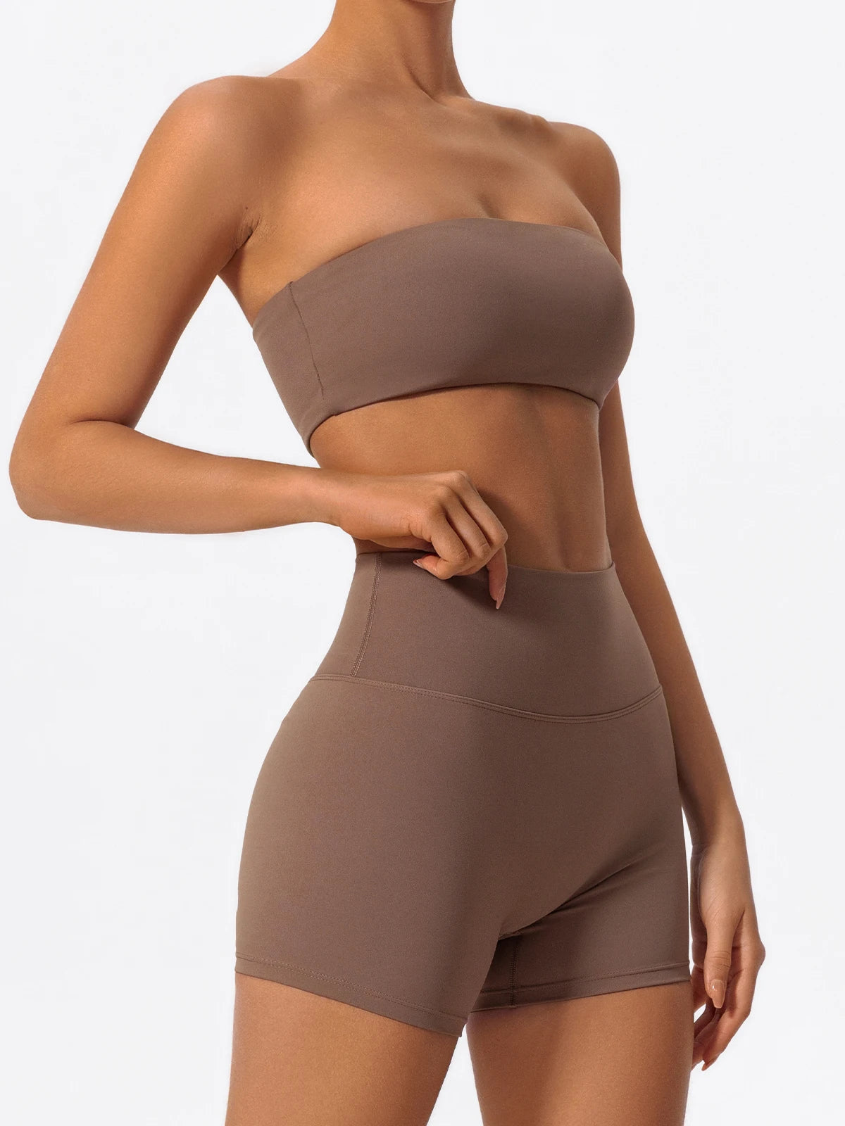 Brown matching workout set, side view showing the shorts length