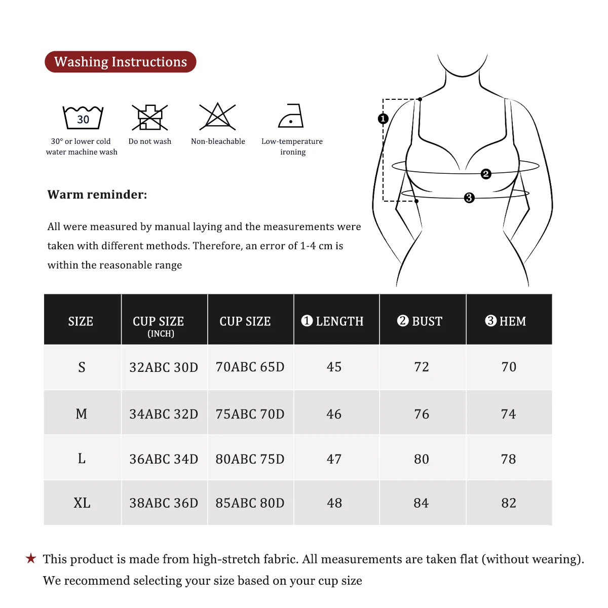 Tank top size chart with cup size, length, bust and hem in centimetres