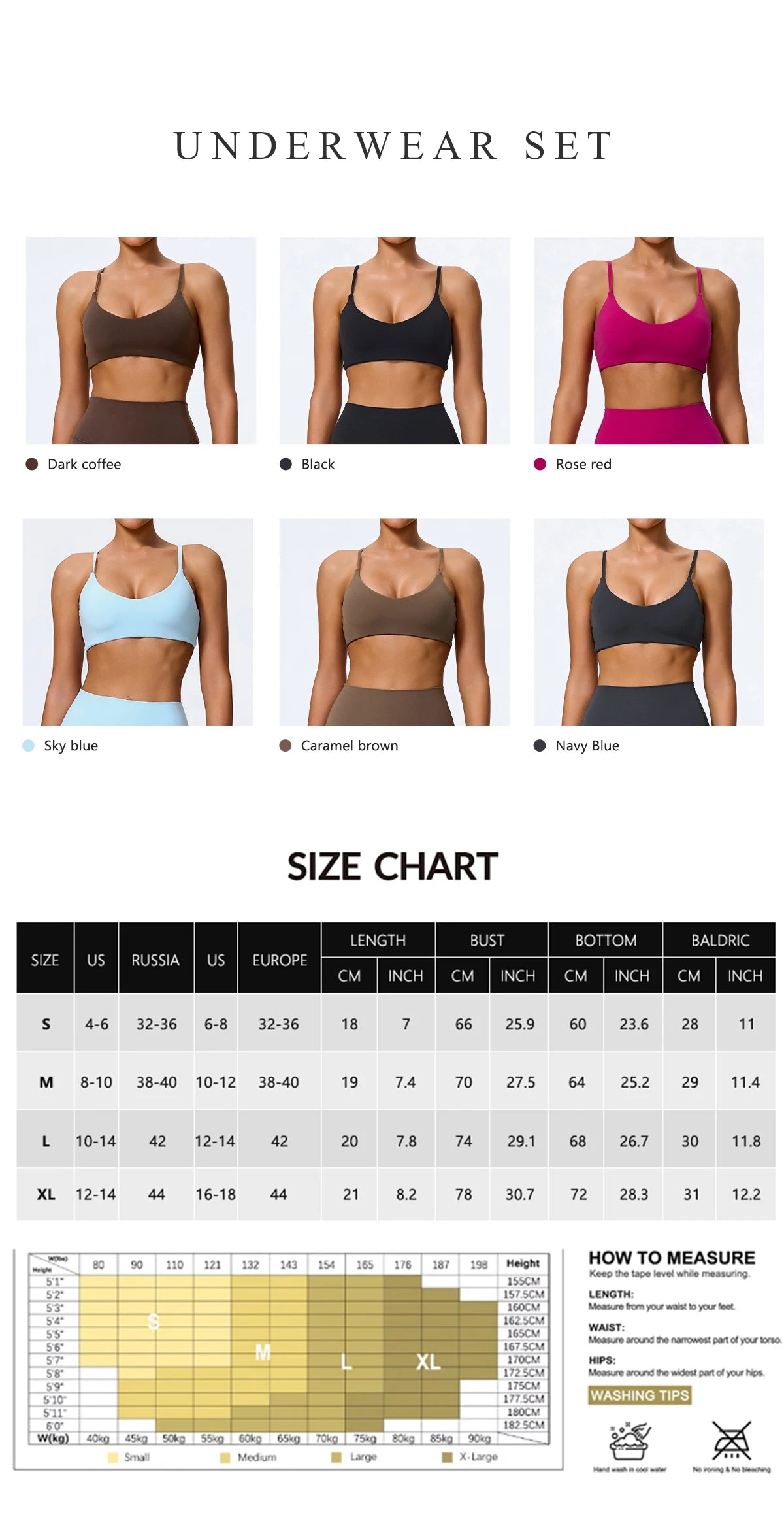 Sports bra size chart with length, bust, band and strap in centimetres