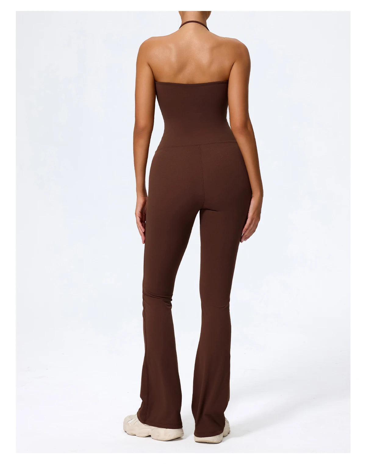 Coffee jumpsuit back view showing the open back to the waist