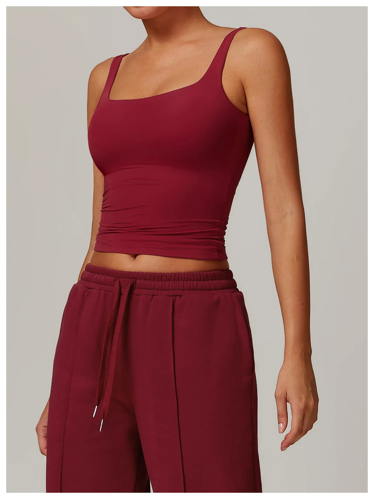 Red tank top front view with square neckline