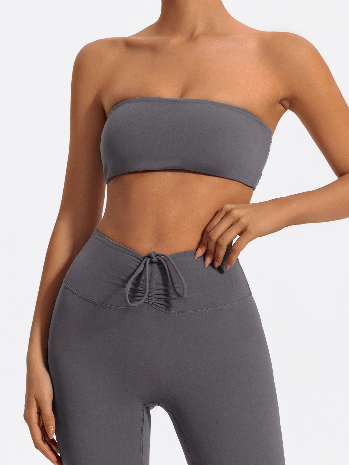 Grey matching workout sets with drawstring at the waist, front view