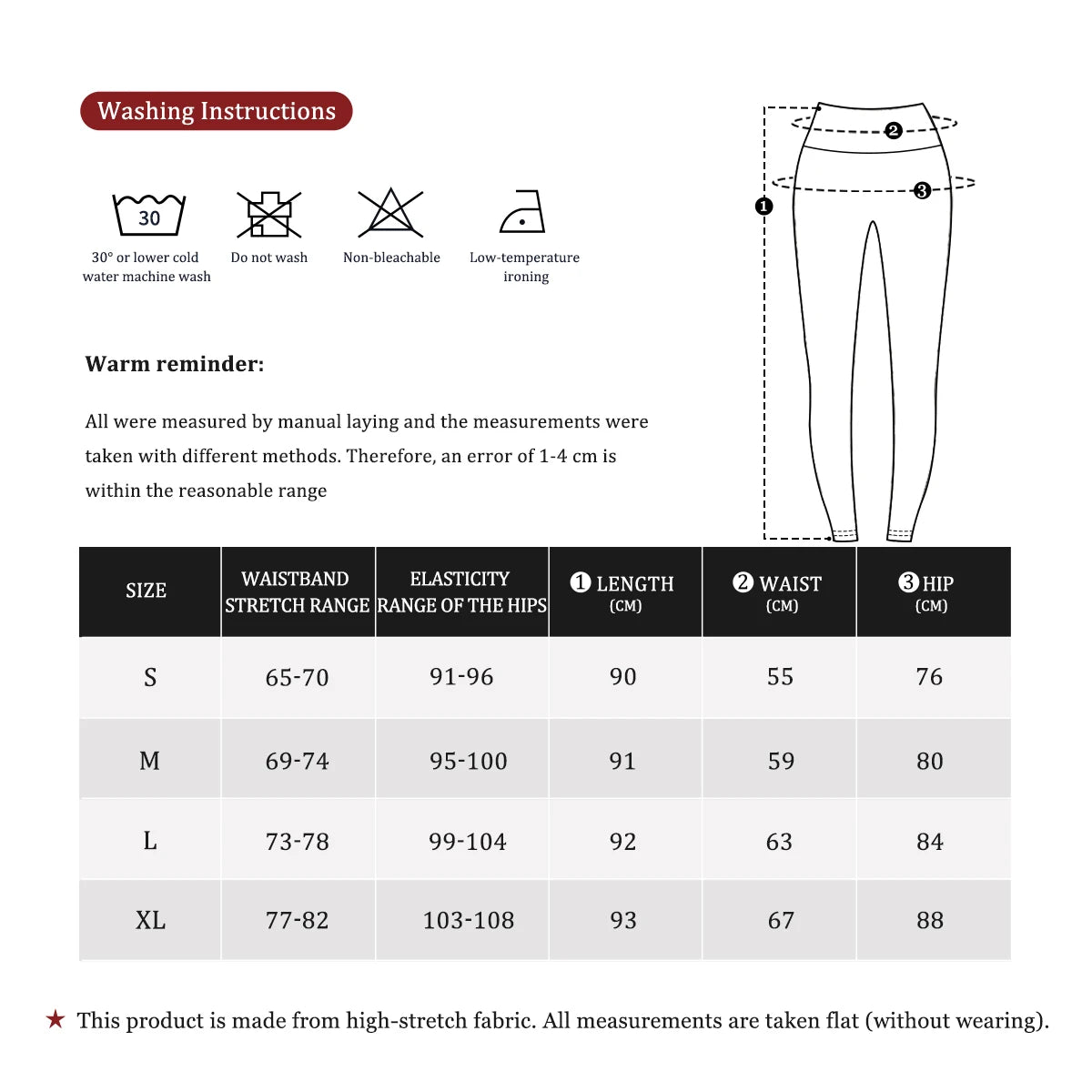 Butt lift leggings size chart with waistband stretch, length, waist and hip in centimetres