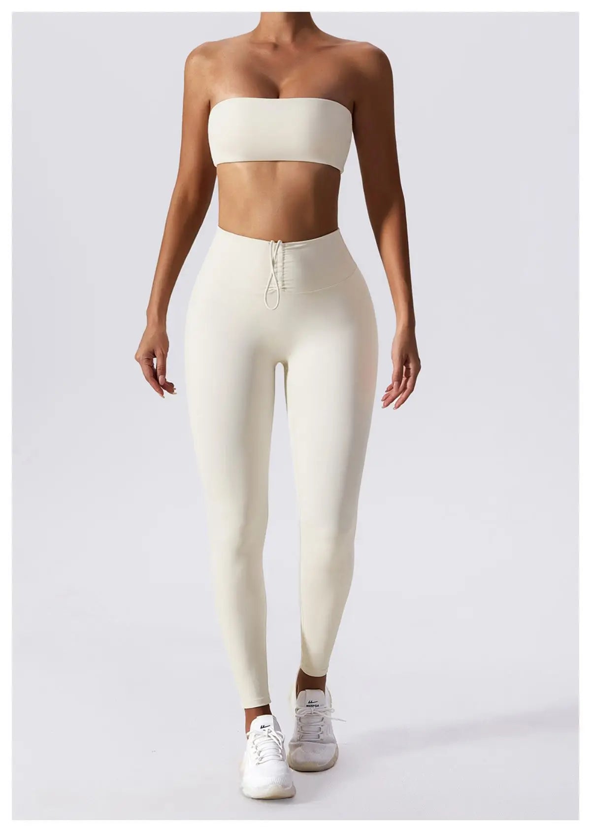 Ivory bandeau bra and legging set, full length front view