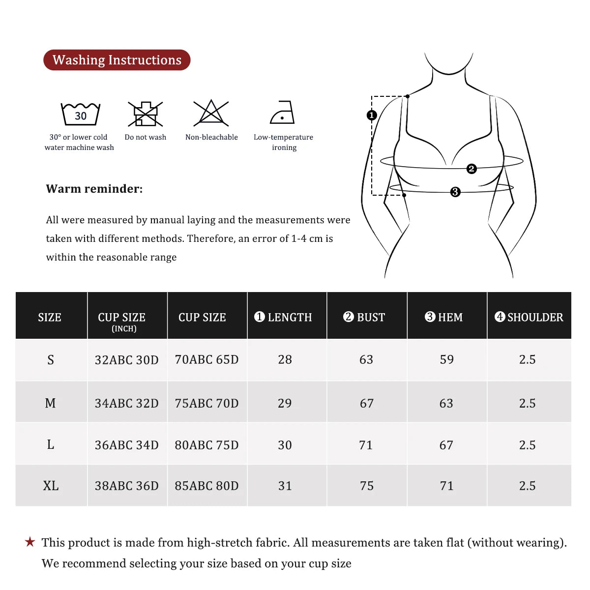 Halter bra size chart with cup size, length, bust, hem and shoulder in centimetres