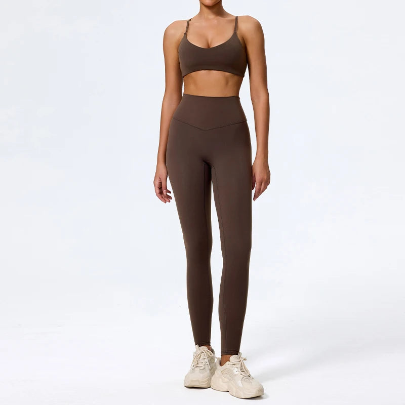 Dark coffee leggings set colour swatch, full length front view