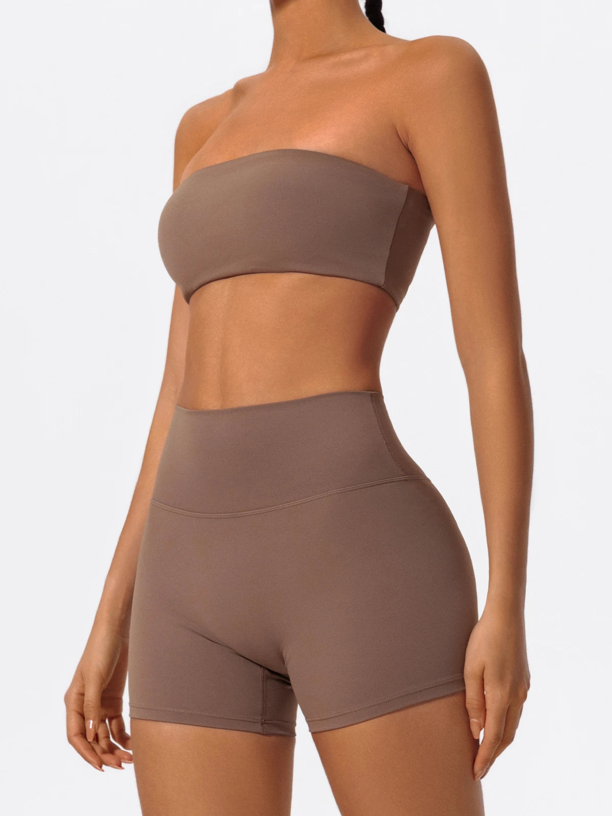 Brown bandeau bra and shorts set, front view