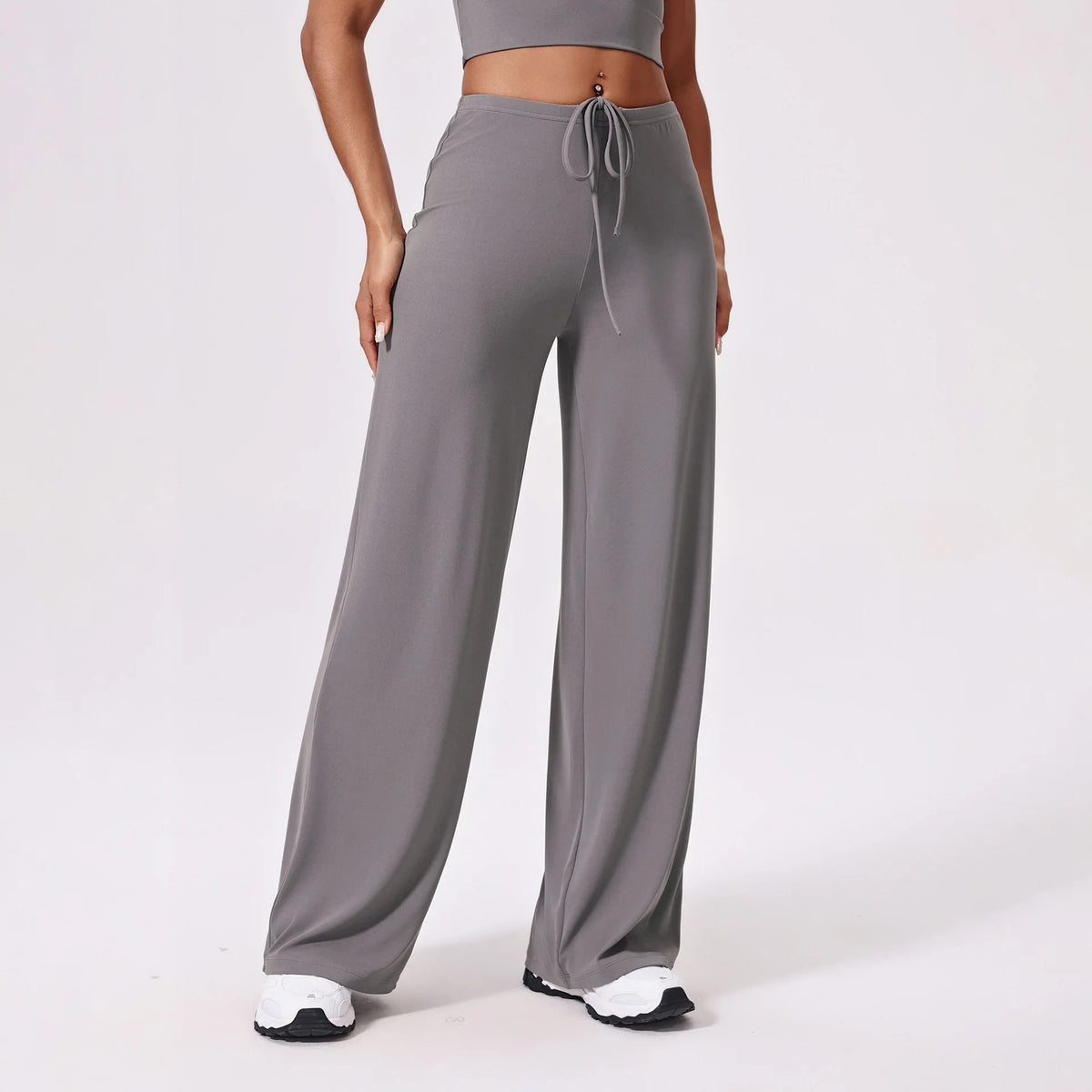 Grey yoga pants, front view showing the wide leg