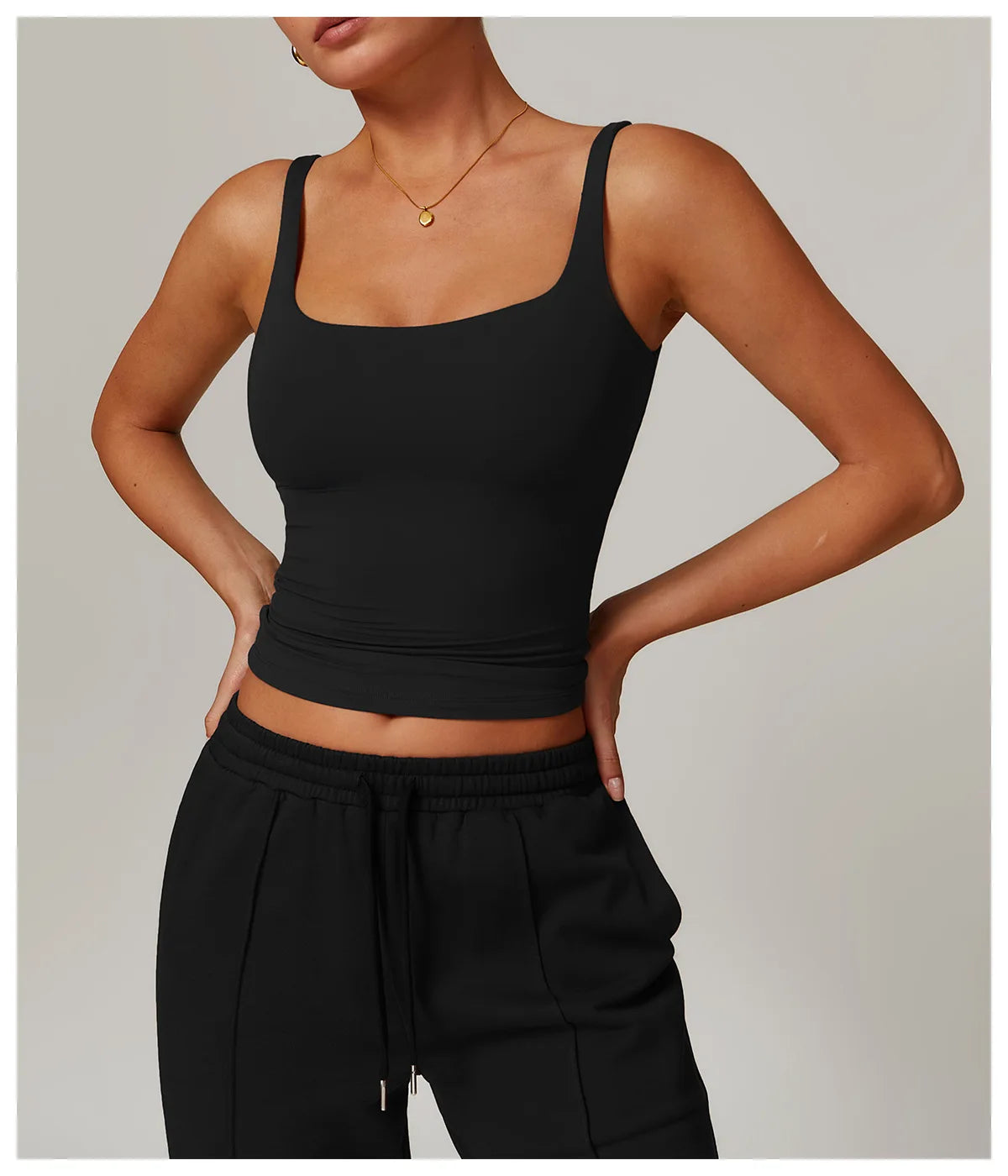 Black women workout tank top, three quarter view