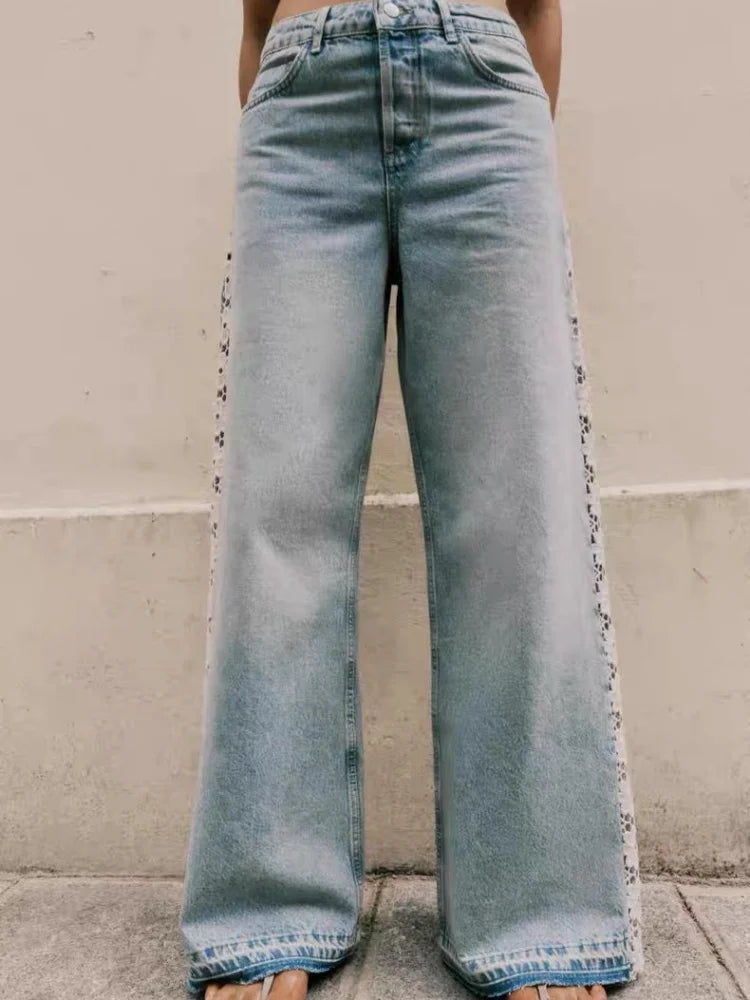 Women's light wash wide leg jeans, front, with denim shirt