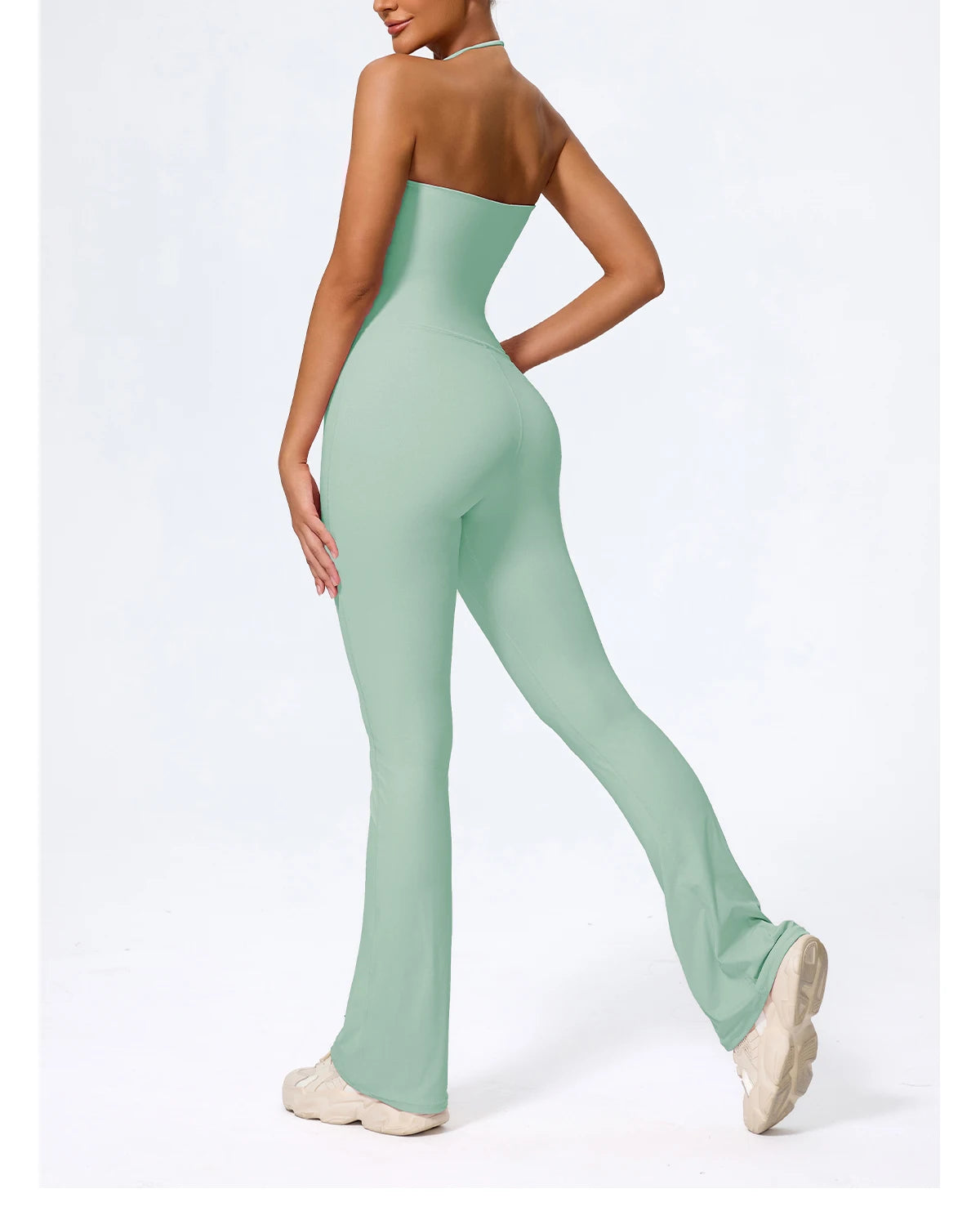 Sage wide leg jumpsuit rear three-quarter view
