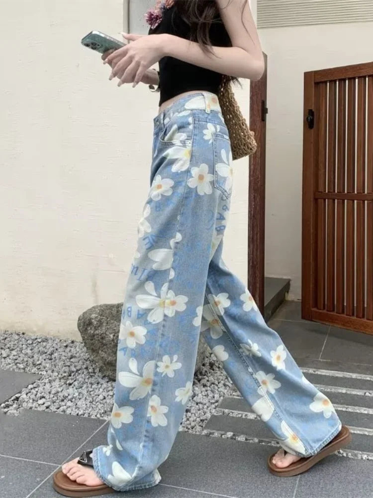 Baggy floral jeans walking, side view, wide leg to the floor