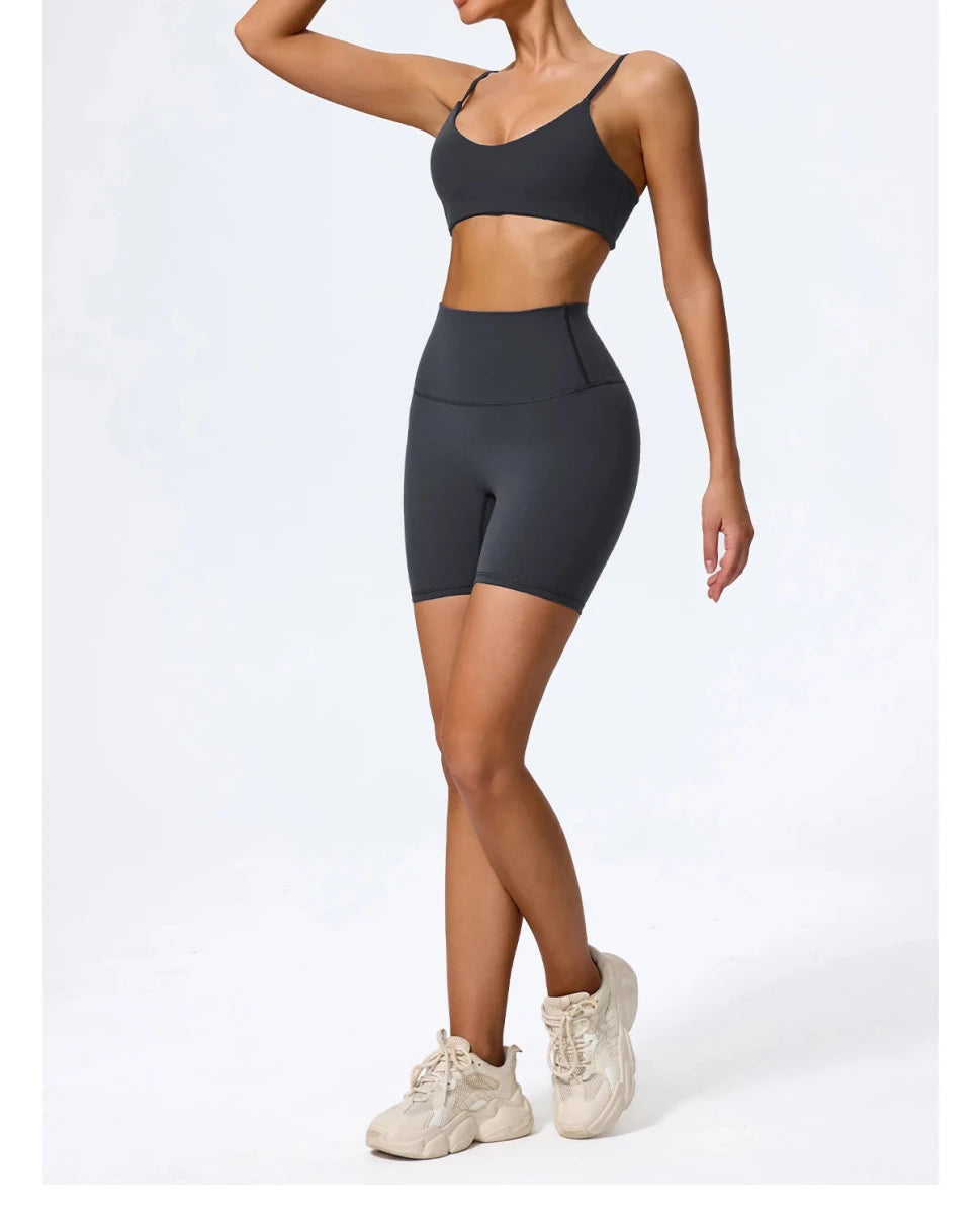 Black high waisted biker shorts, front, walking