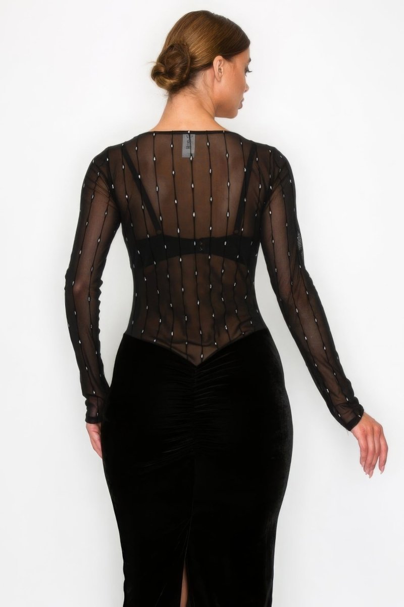 Black Velvet Dress - Sheer Contrast Holiday Midi - TGC Boutique - Midi Dress