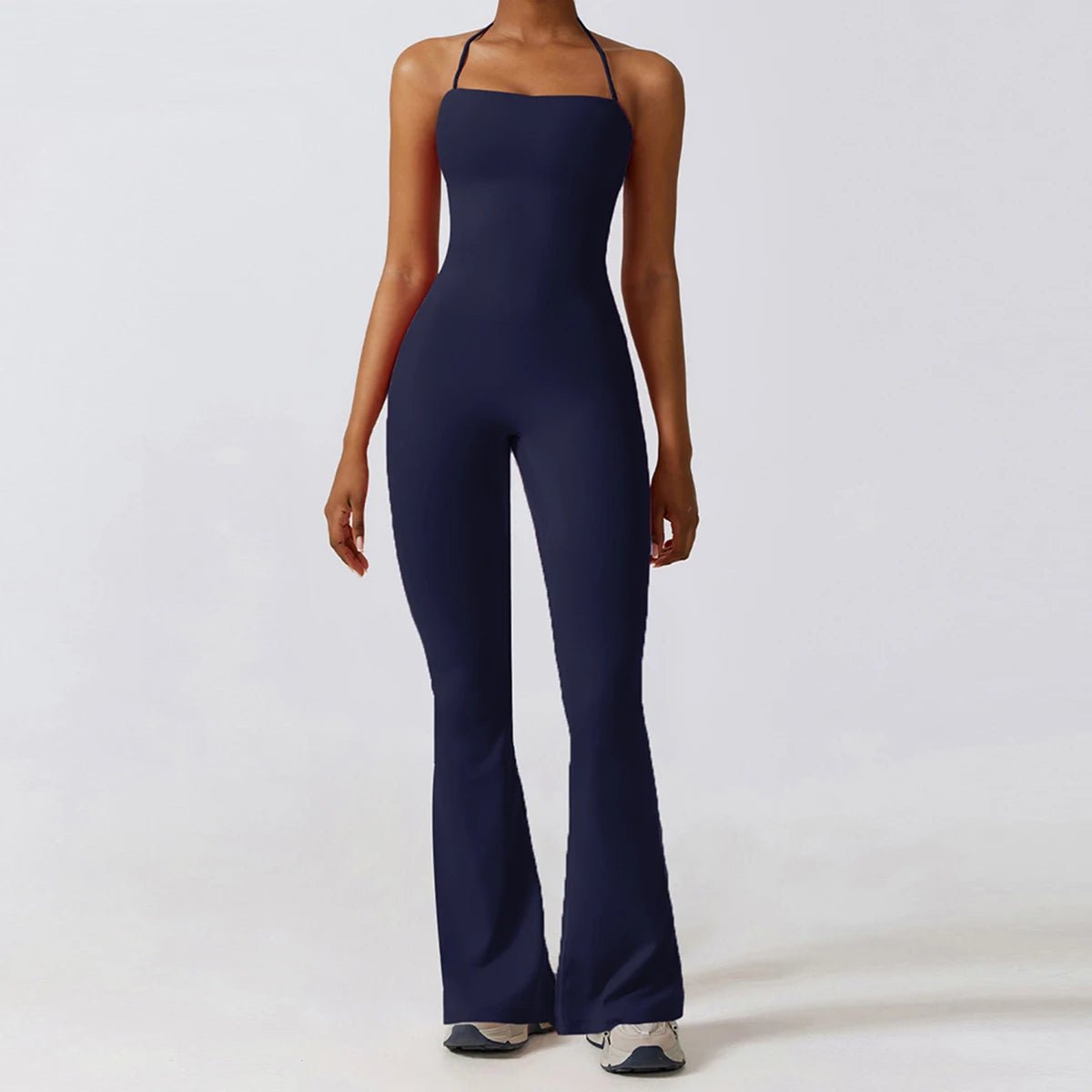 Navy blue wide leg halter jumpsuit, front, full length