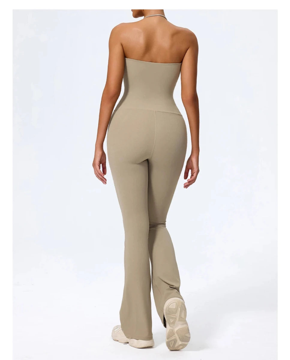 Sand open back jumpsuit, back view