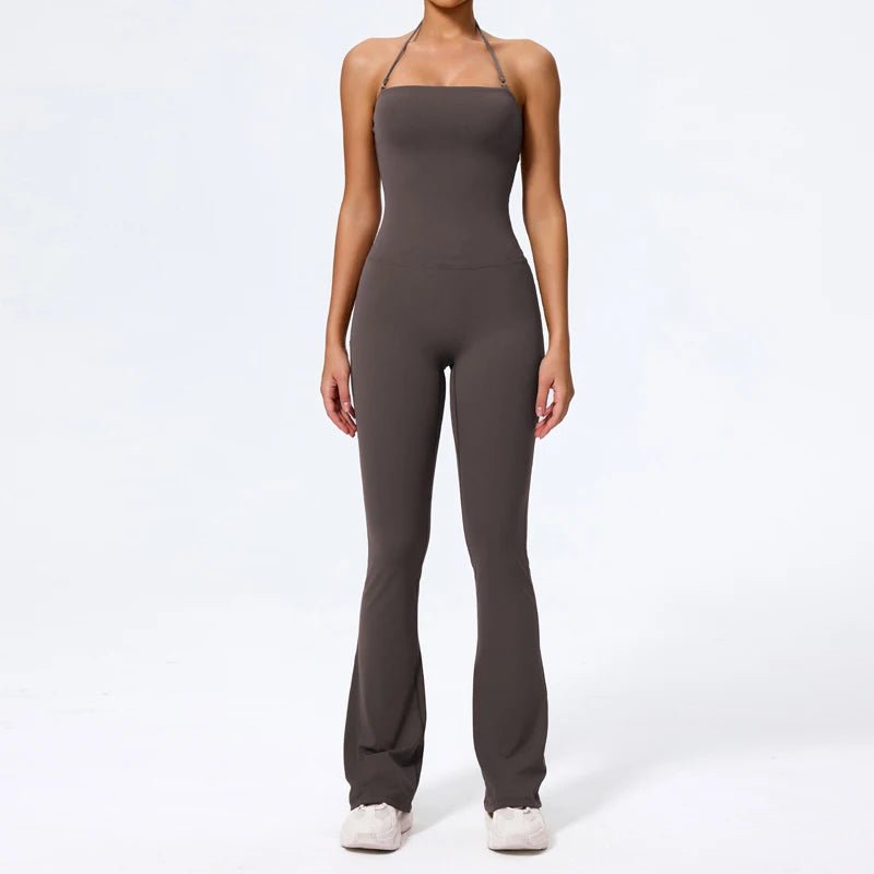 Grey wide leg halter jumpsuit, front, full length