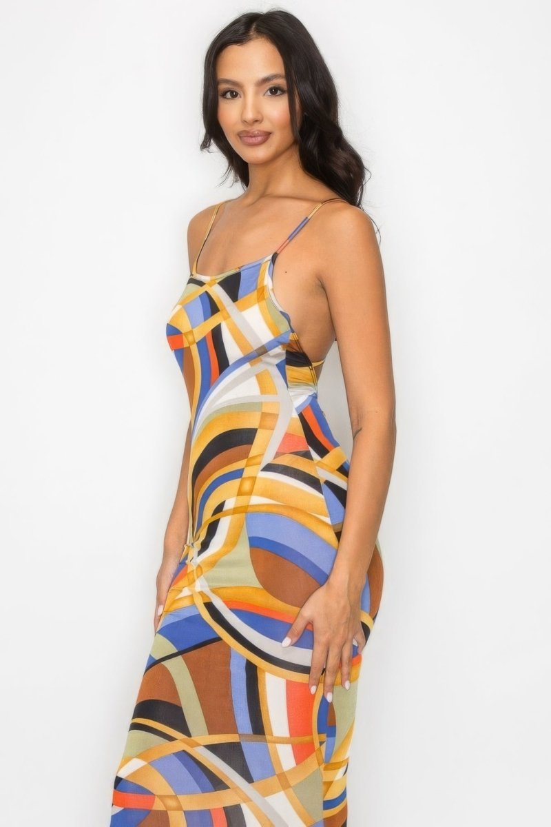Crossed Back Marble Print Multicolor Midi Dress - TGC Boutique -