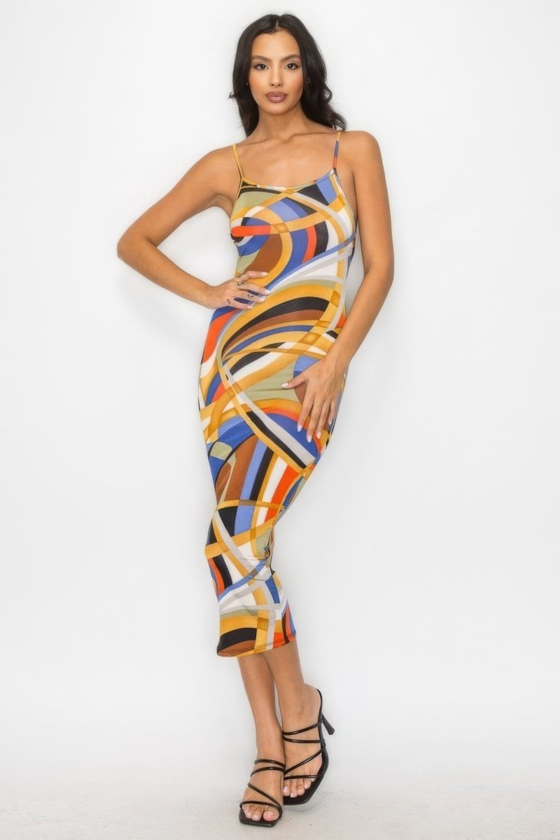 Crossed Back Marble Print Multicolor Midi Dress - TGC Boutique -