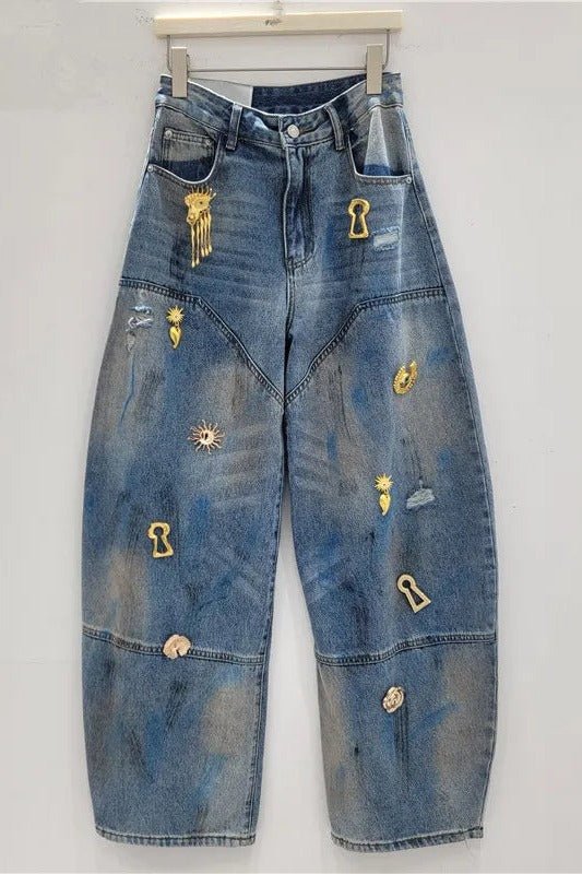 Embellished Barrel Jeans for Women with Gold Charms - TGC Boutique - Jeans