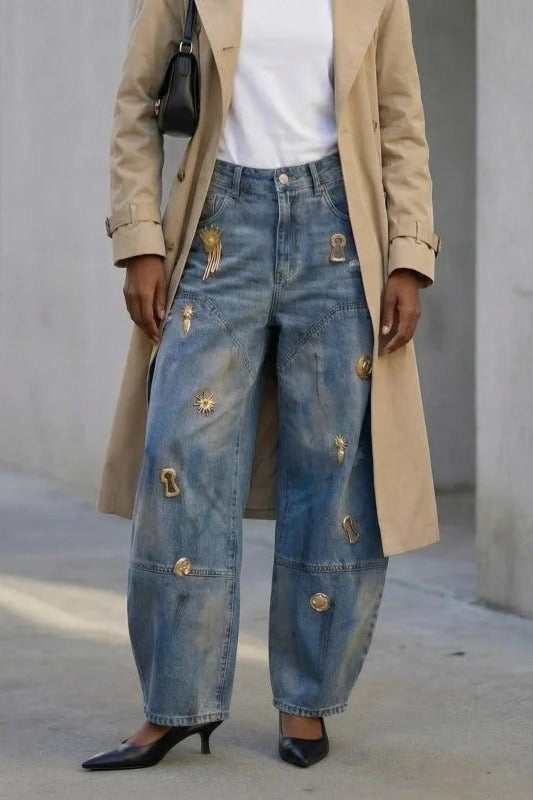 Embellished barrel jeans, front, mid rise waist and gold charms