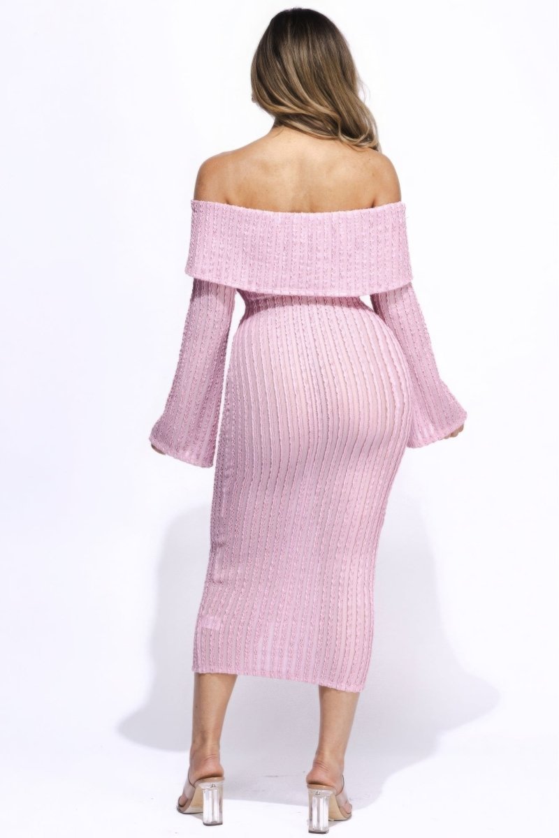 Flared Sleeve Off The Shoulder Pink Midi Dress - TGC Boutique - Midi Dress
