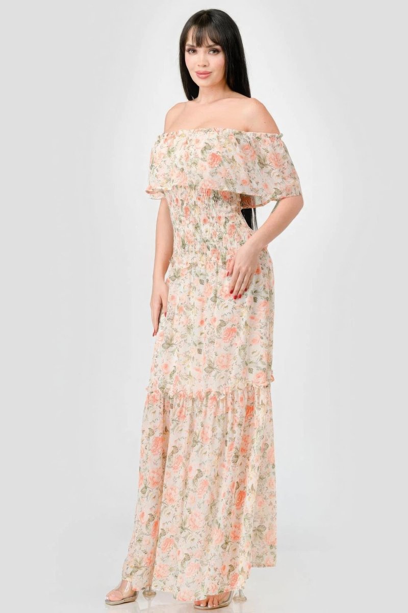 Floral Chiffon Off Shoulder Tiered Maxi Dress - TGC Boutique - maxi dress