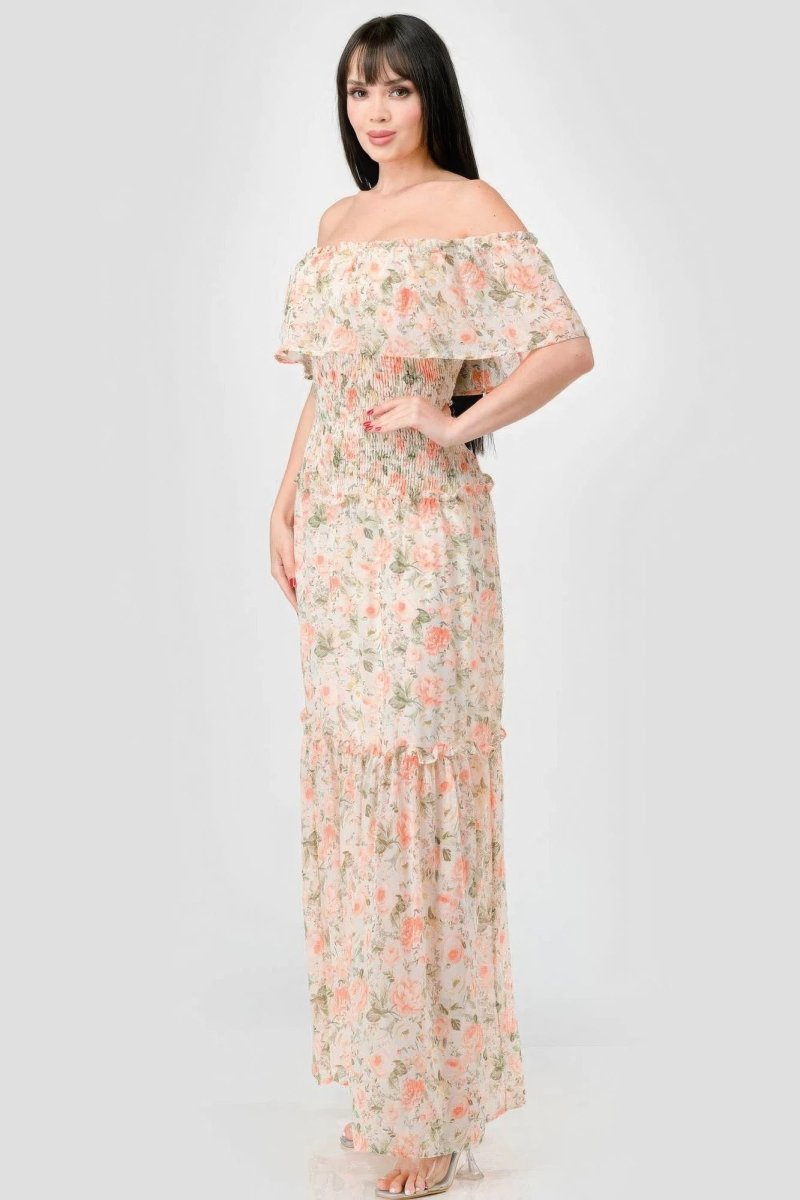 Floral Chiffon Off Shoulder Tiered Maxi Dress - TGC Boutique - maxi dress