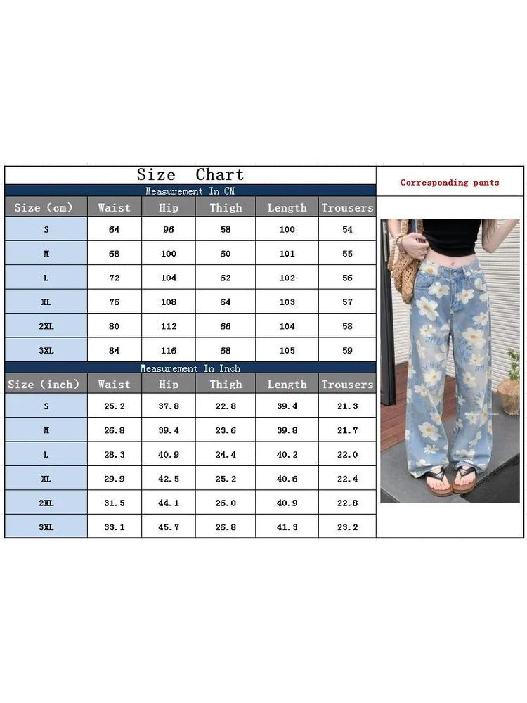 Size chart for floral jeans, S to 3XL, waist hip thigh length in cm and inches