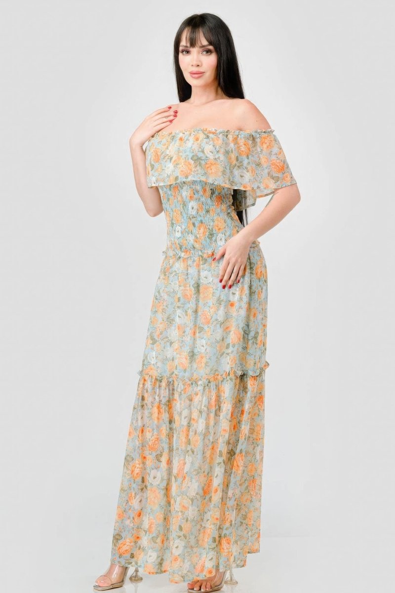 Floral Off Shoulder Wedding Guest Maxi Dress - TGC Boutique - maxi dress