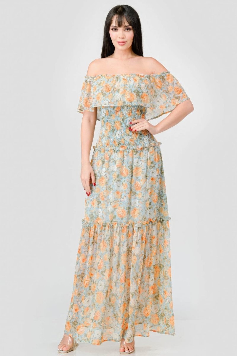 Floral Off Shoulder Wedding Guest Maxi Dress - TGC Boutique - maxi dress