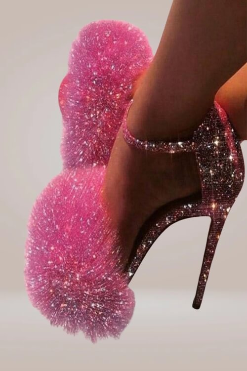 Glitter Stiletto High Heel Pink Sandals With Fluffy Fur Shoes - TGC Boutique - Pink Heels
