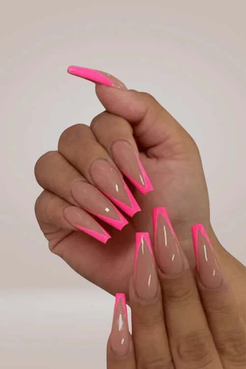 Hot Pink Long Coffin French Tip Press On Nails - TGC Boutique - Press On Nails