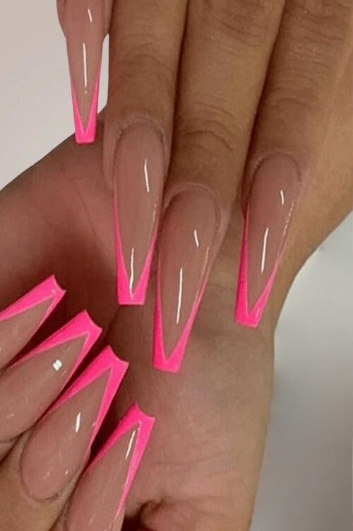 Hot Pink Long Coffin French Tip Press On Nails - TGC Boutique - Press On Nails