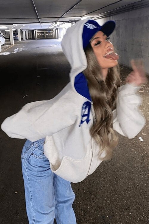 Letter embroidery Oversized Zip Up Comfy Off White Hoodie - TGC Boutique - Tops